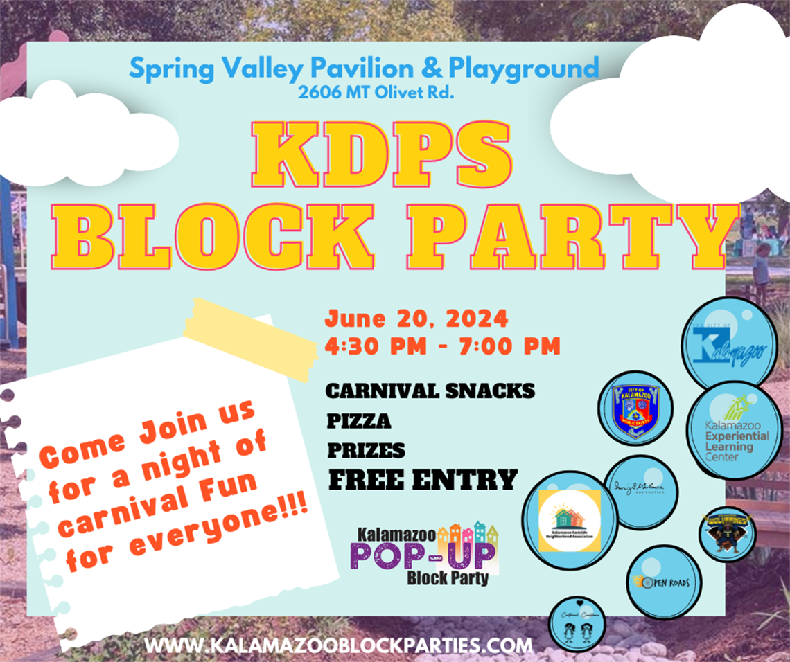 Graphic showing information about the KDPS Pop Up Block Party